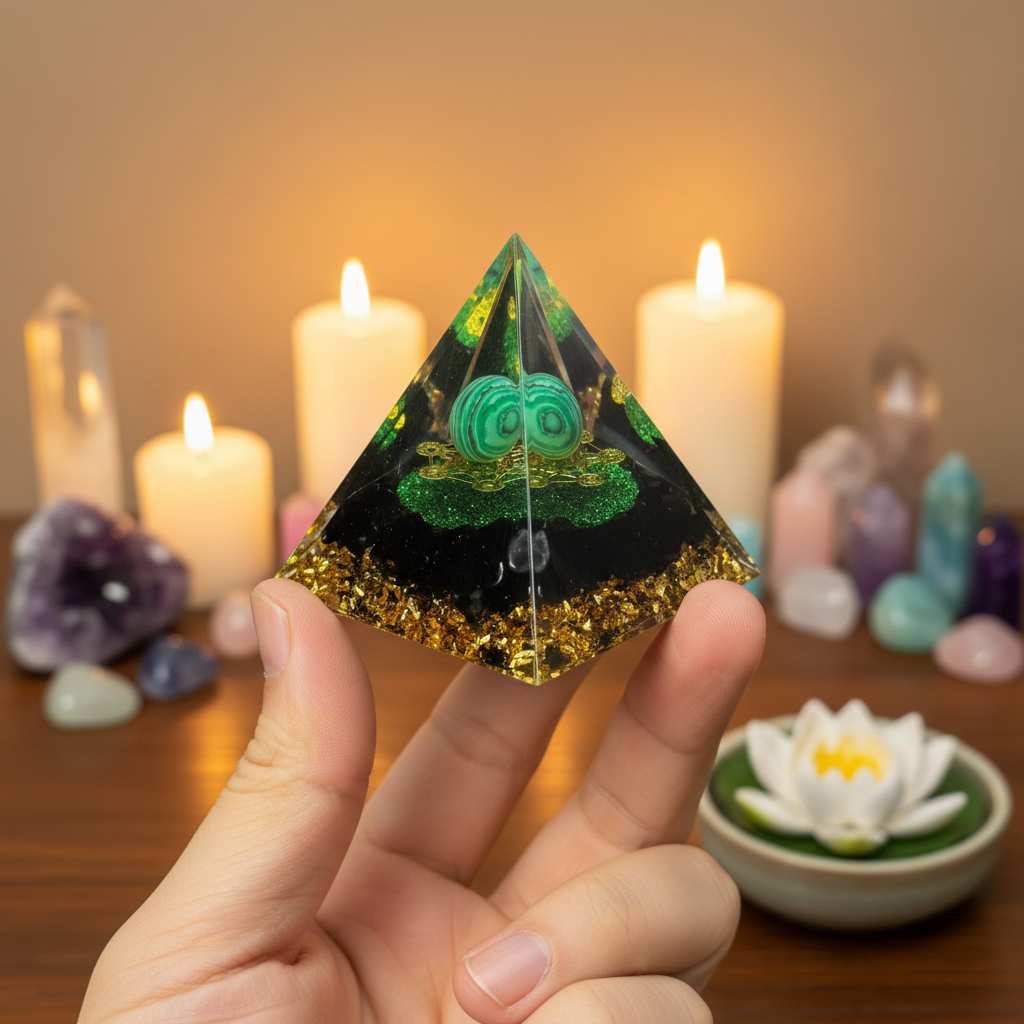 Pyramide orgonite malachite fond bougies et cristaux – énergie positive et harmonie