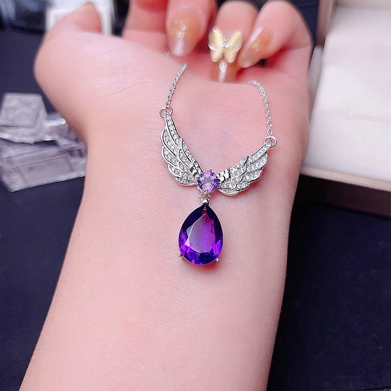 Collier femme pendentif améthyste ailes d'ange chaine argent