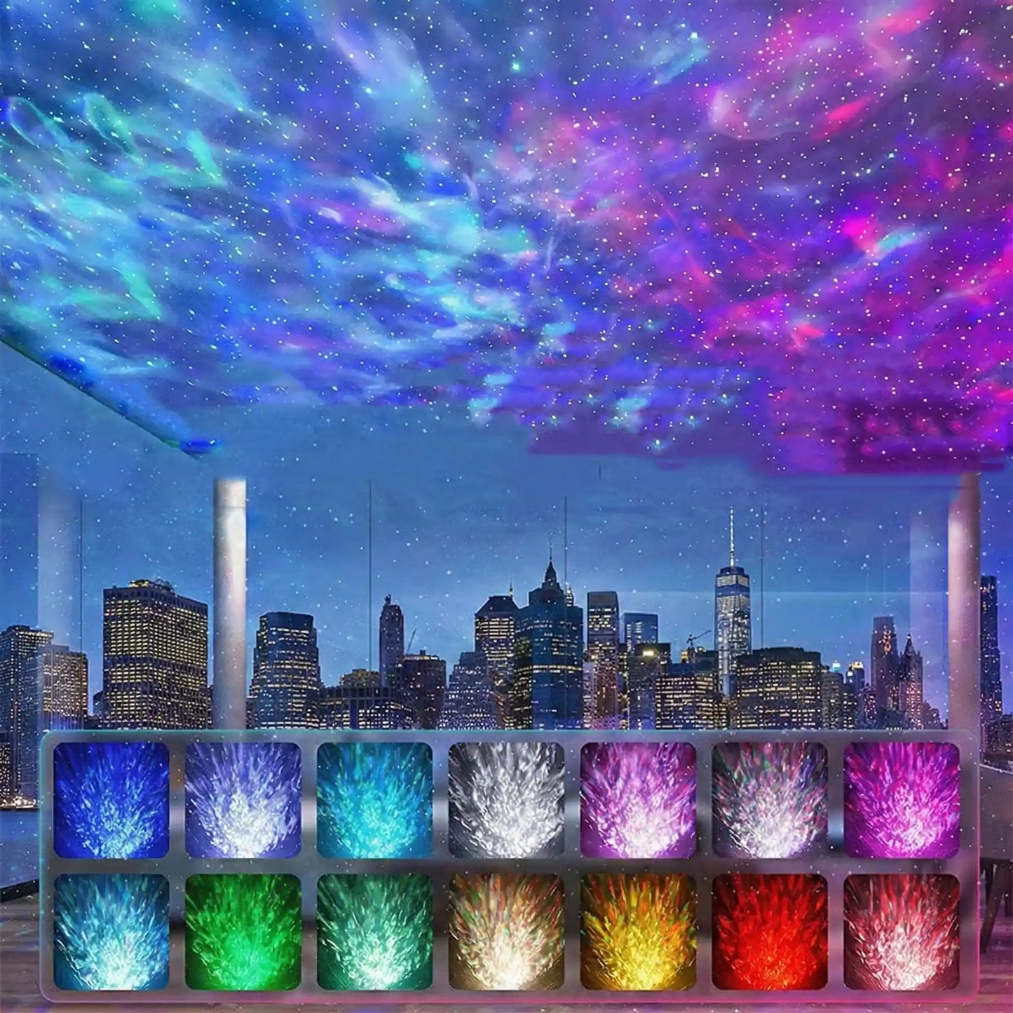 Projecteur galaxie LED RGB multicolore créant un effet aurore boréale