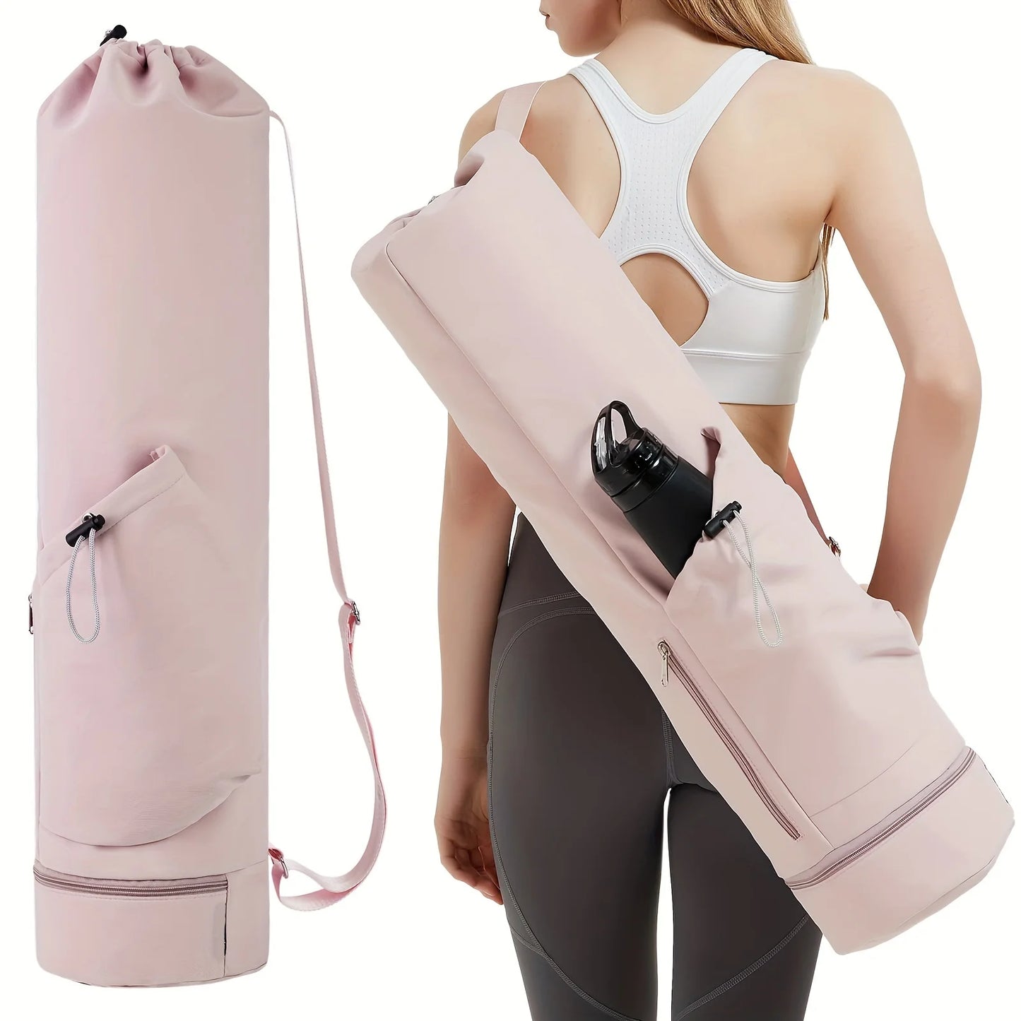 sac tapis de yoga rose poche latérale fermeture éclair gym femme blonde en tenue de sport le portant sur son dos libre de mouvement pour le transport à l'extérieure