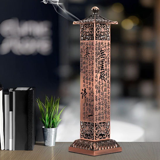 Encensoir tibétain cuivre pilier gravé sutra