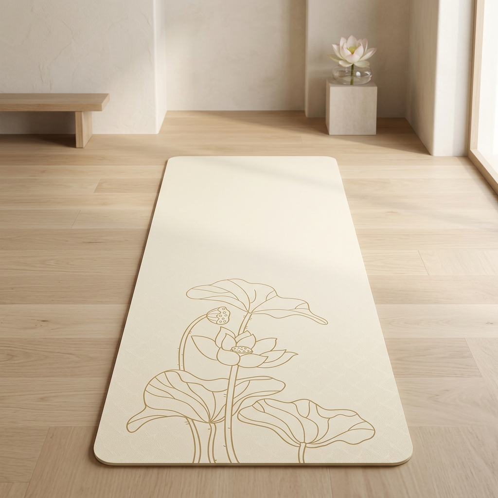 Tapis sport antidérapant beige avec motif lotus dans un espace yoga zen.