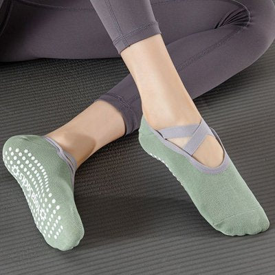 Yoga chaussettes grises femme élégantes dessus élastique croisé