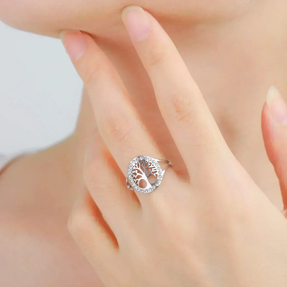 Bijoux acier inoxydable bague argentée zircons arbre de vie