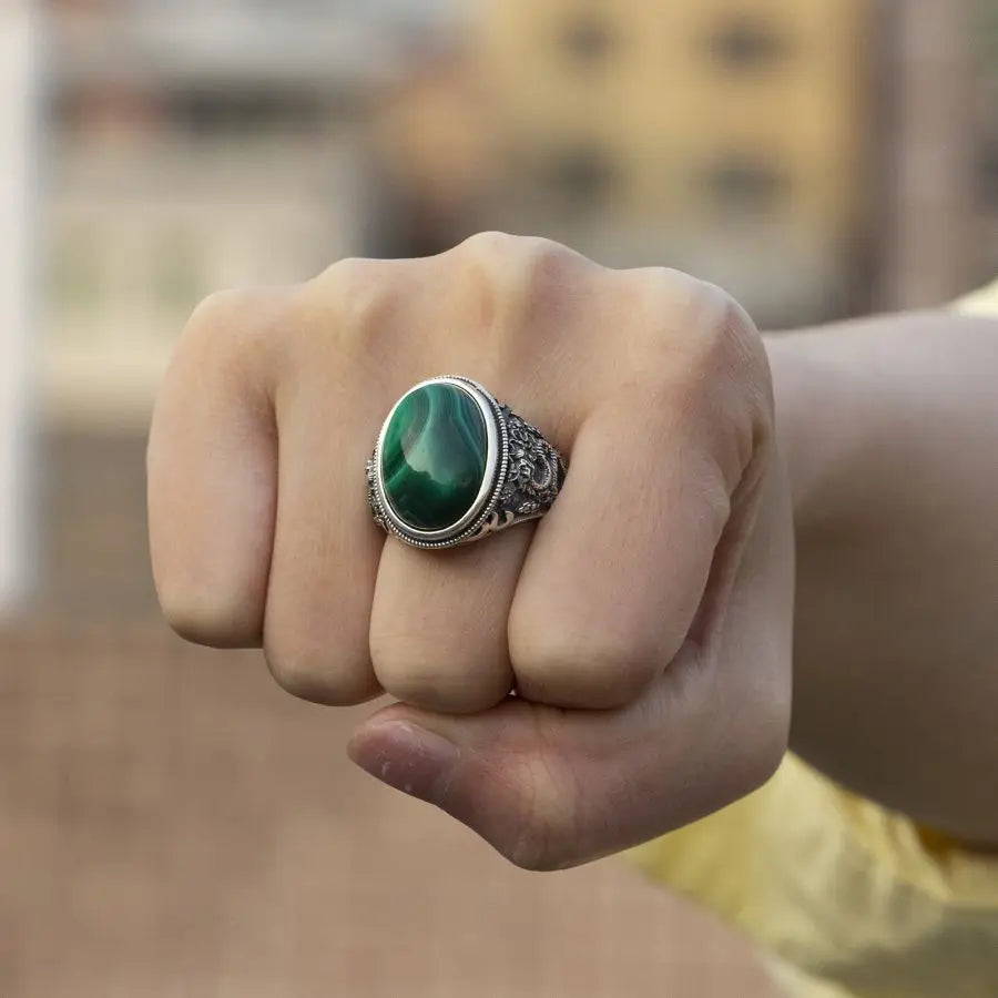 Bague homme argent pierre naturelle malachite majeur poing