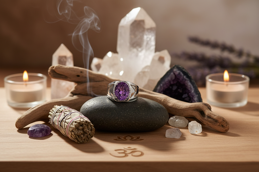 Bague spirituelle en pierre naturelle d'améthyste sur un autel zen avec bois cristaux et bougies 