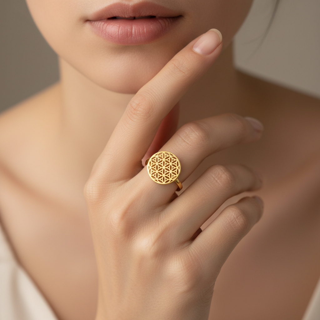 Bague fleur de vie femme acier inoxydable doré géométrie sacrée