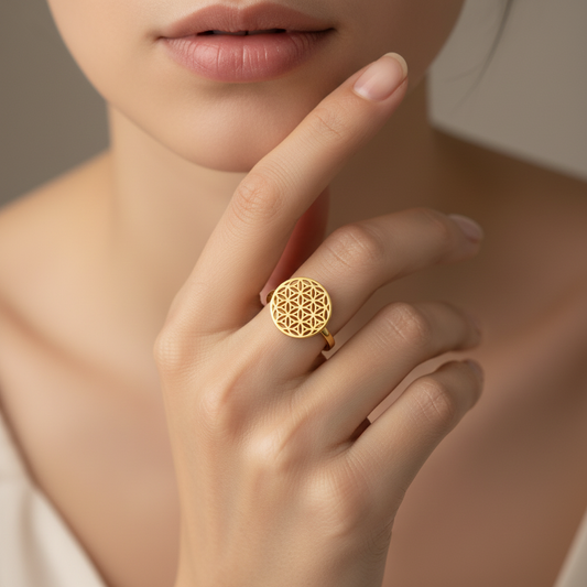Bague fleur de vie femme acier inoxydable doré géométrie sacrée
