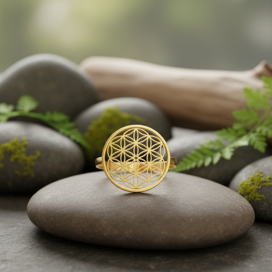 Bague fleur de vie dorée en gros plan dans un espace zen naturel avec pierres et plantes
