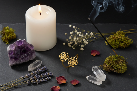 Bague fleur de vie bougie cristaux encens autel zen