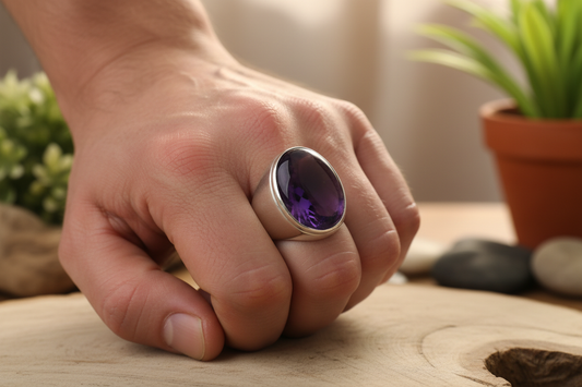 Bague homme améthyste argent portée au majeur sur une main dans un espace zen - Guide bague homme