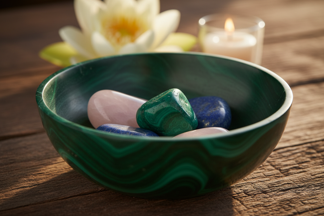 Bol en malachite avec une pierre de malachite, un quartz rose et un lapis-lazuli, fond zen ensoleillé