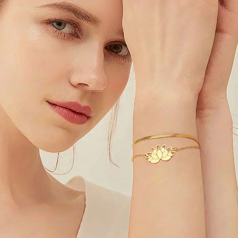 Bracelet femme tendance acier inoxydable doré fleur de lotus 