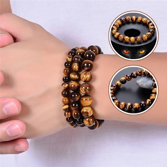 Bracelets oeil de tigre petites moyennes grosses perles poignet support noir yeux de tigre brun et jaune 