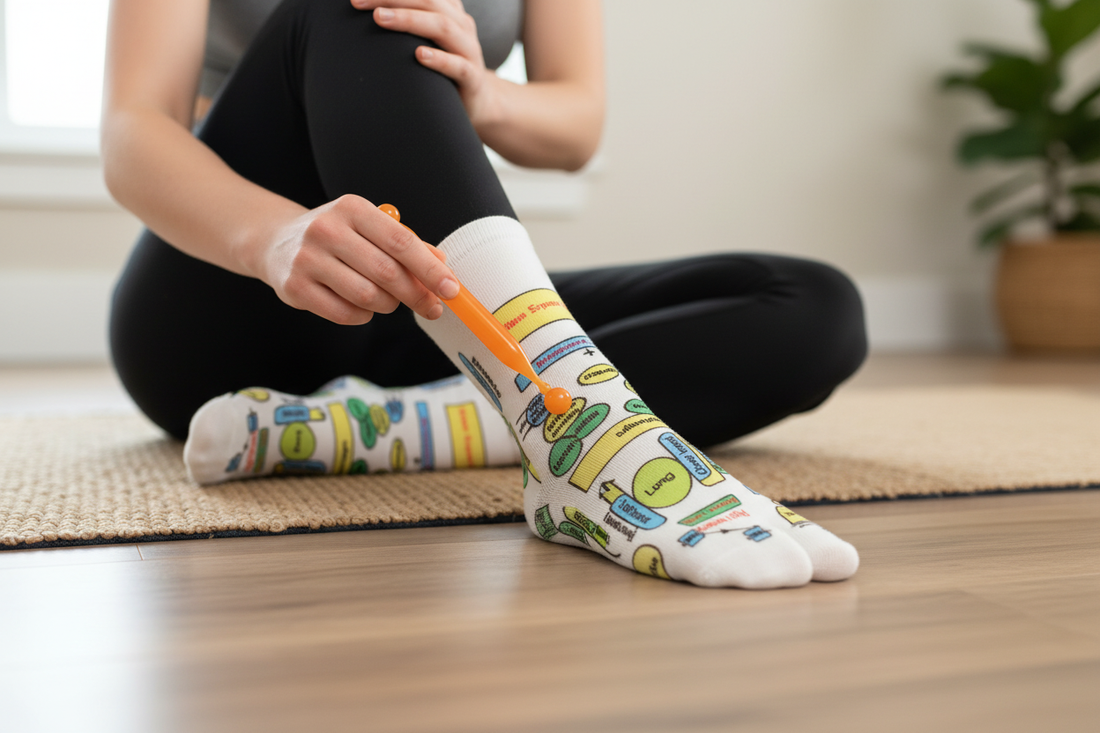 Femme utilisant un bâton de massage sur ses chaussettes de réflexologie plantaire avec zones réflexes colorées