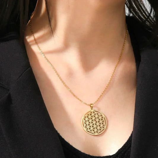 Collier acier inoxydable doré pendentif fleur de vie