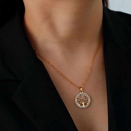collier arbre de vie pendentif rond acier inoxydable doré zircons décolleté