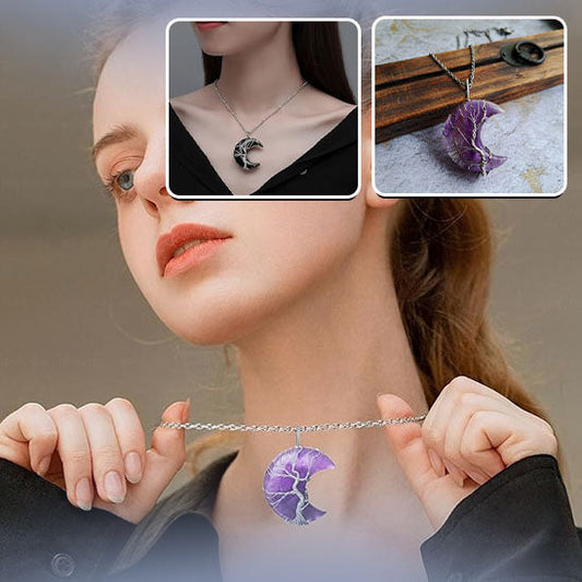 Collier femme croissant de lune améthyste arbre de vie acier inoxydable