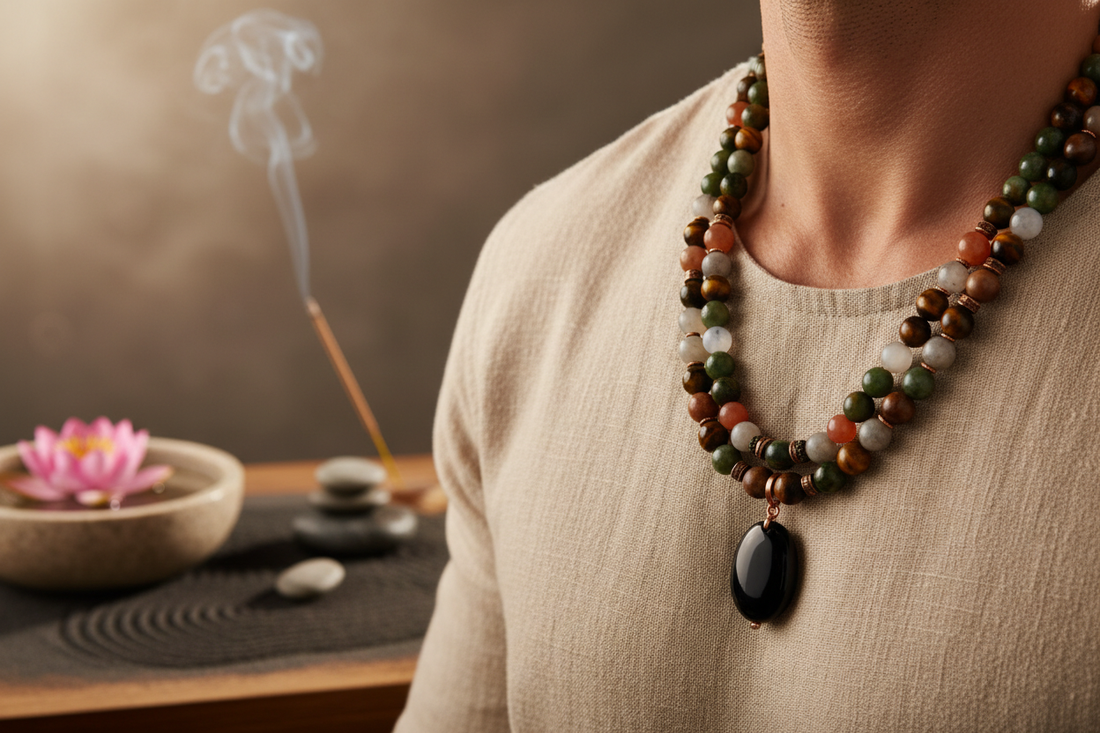 Collier perle homme autour du cou dans un espace zen