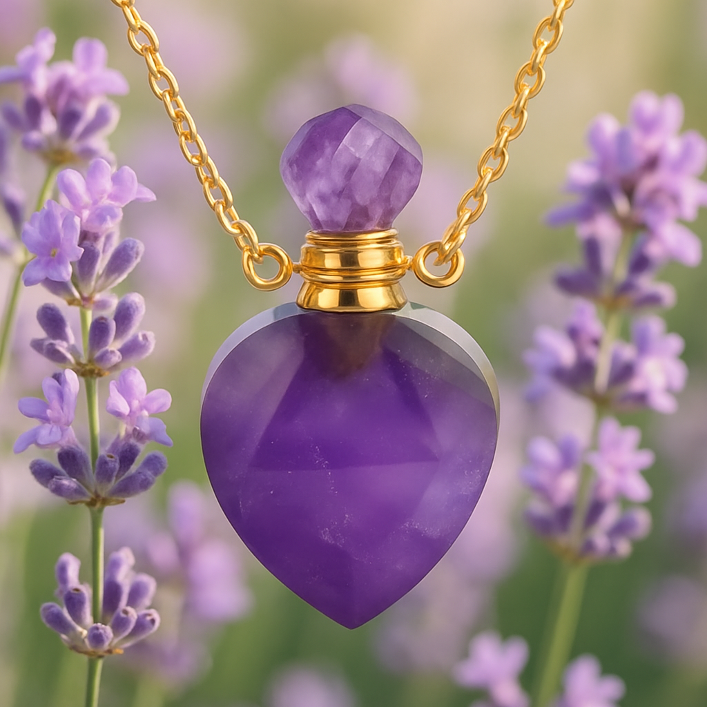 Collier acier inoxydable doré pendentif flacon en améthyste violette entouré de lavande