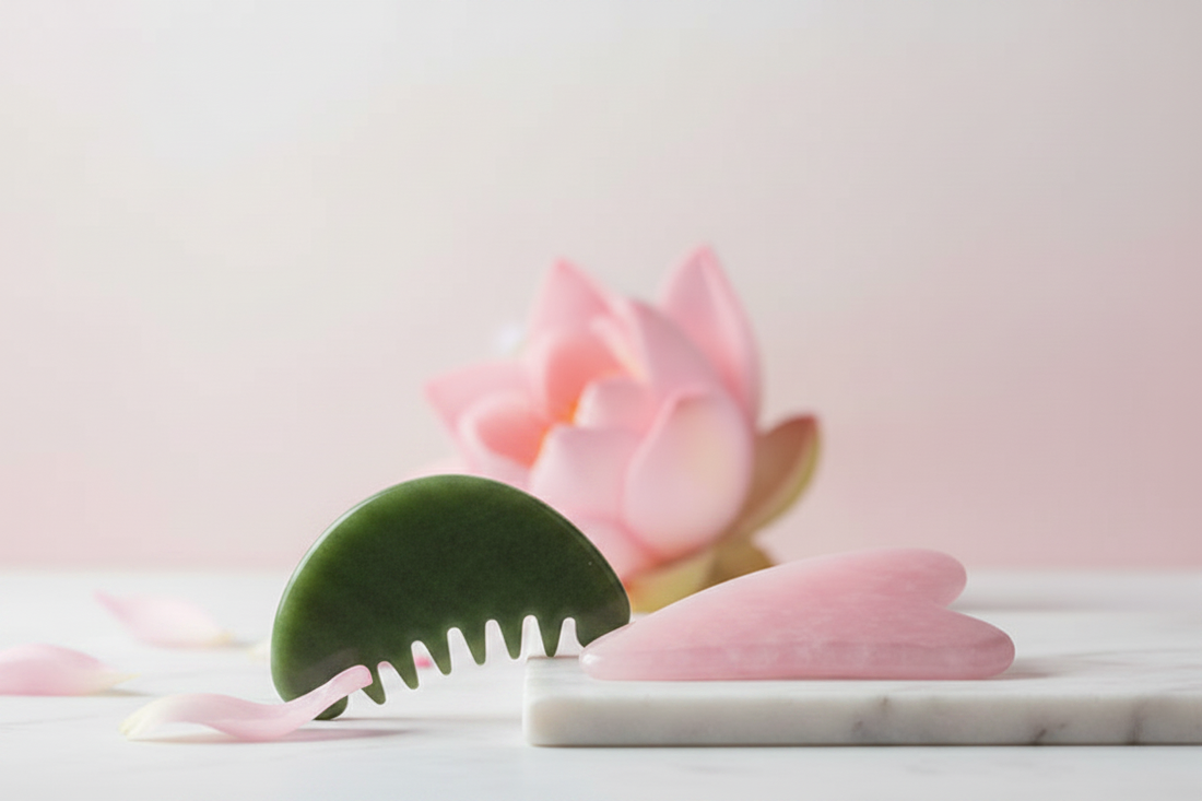 Gua Sha en quartz rose et jade vert posés sur marbre blanc avec fleur de lotus, outils de massage visage authentiques