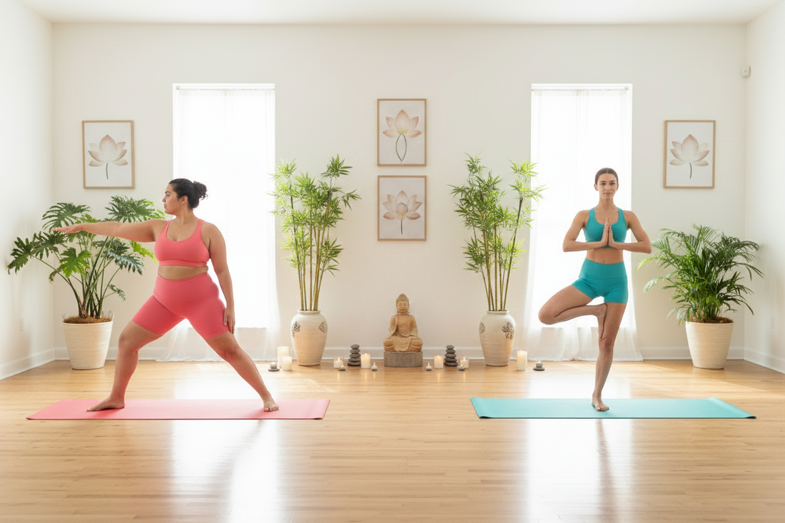 Short yoga femme morphologie : deux pratiquantes sur tapis dans un espace zen