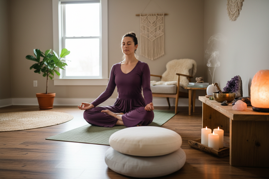 Aménager espace yoga zen maison - Femme méditation tapis cristaux bol tibétain diffuseur huiles essentielles décoration bien-être