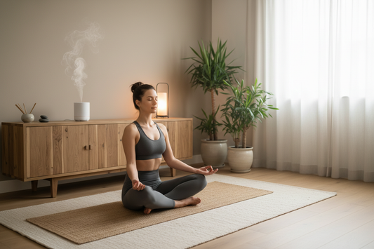 Femme en yoga sur tapis dans espace zen à la maison, plantes vertes, diffuseur d'huiles essentielles et lampe zen sur meuble en bois