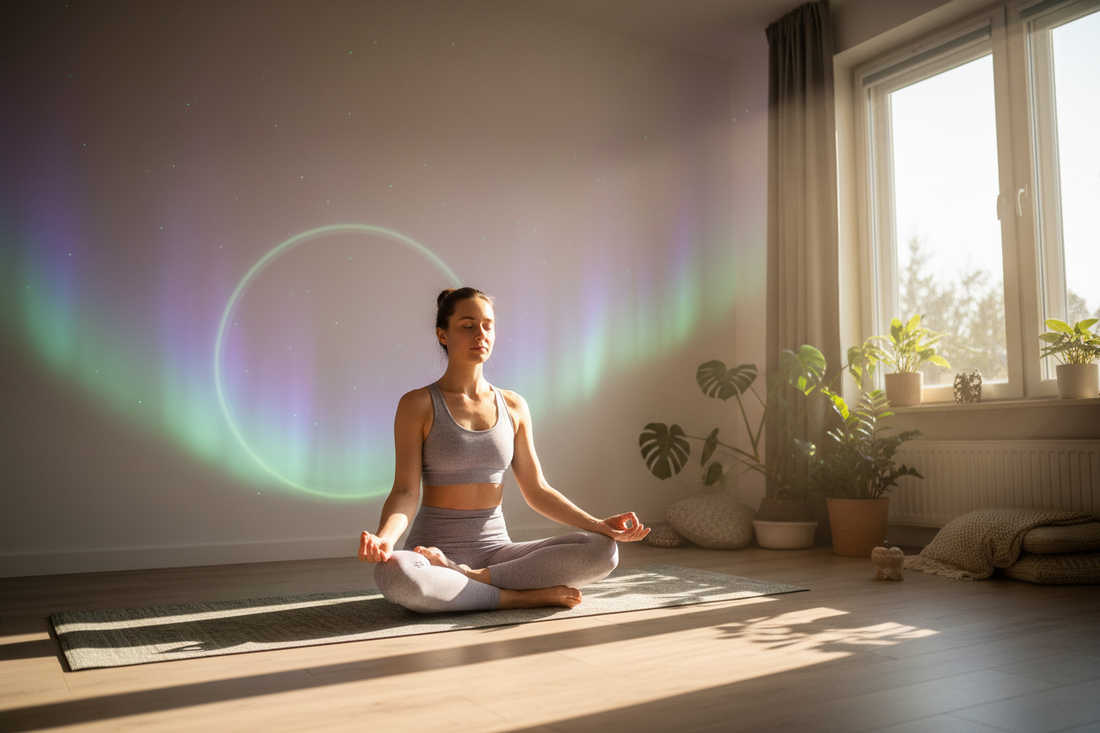 Séance de yoga matinale avec luminothérapie naturelle et lampe aurore boréale