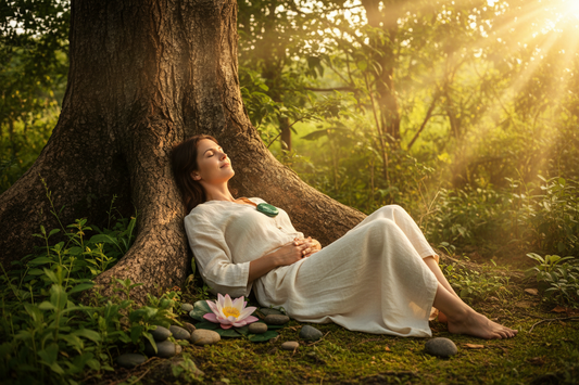 Femme allongée au pied d'un arbre avec une malachite sur le plexus solaire, rayons de soleil dorés, séance de lithothérapie en pleine nature