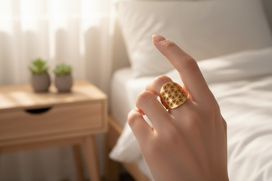 Femme portant une bague fleur de vie dans une chambre zen