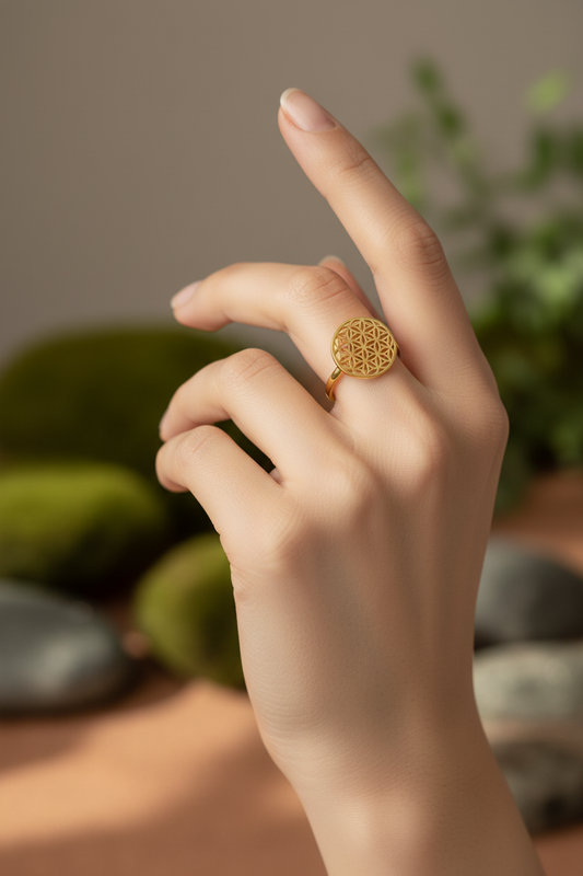 Bague fleur de vie femme acier inoxydable doré géométrie sacrée espace naturel zen