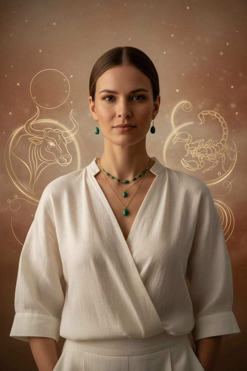 Femme souriante portant des bijoux en malachite verte, avec les symboles astrologiques du Taureau et du Scorpion en fond doré