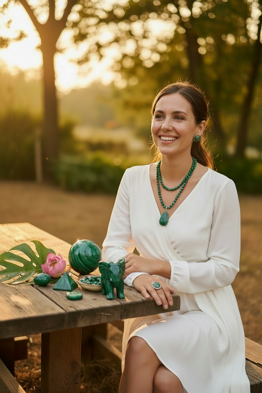 Femme en robe blanche avec bijoux en malachite et objets en malachite dans la nature