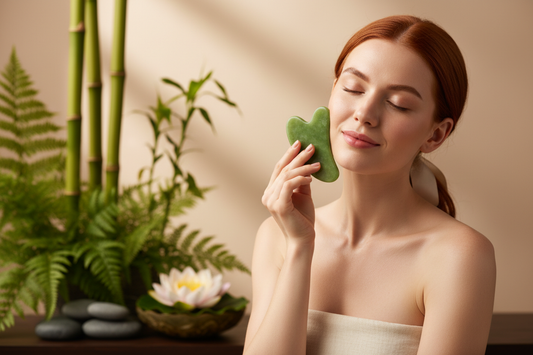 Femme rousse utilisant un gua sha en jade sur le visage dans un cadre zen naturel