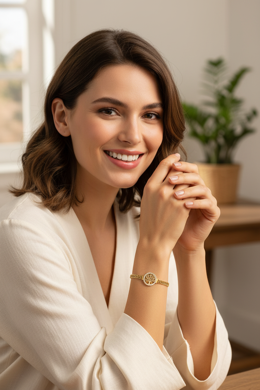 Femme souriante portant un bracelet acier inoxydable doré