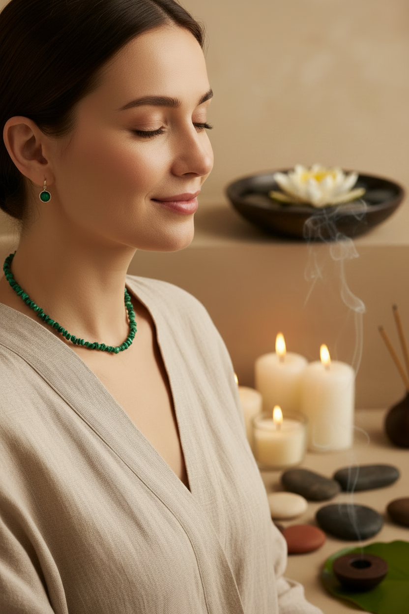 Femme souriante et apaisée portant un collier et des boucles d'oreilles en malachite verte, fond zen avec fleur de lotus