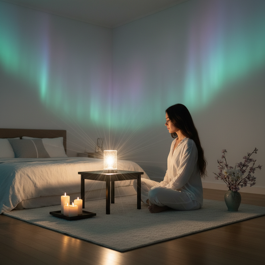 lampe zen cristal projecteur aurores boréales chambre femme en méditation