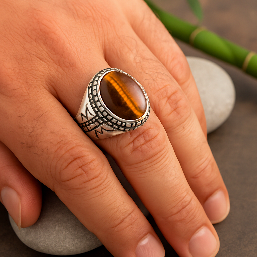 Bague homme argent oeil de tigre pierre naturelle anti stress