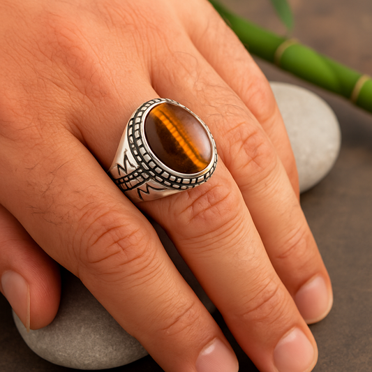Bague homme argent oeil de tigre pierre naturelle anti stress