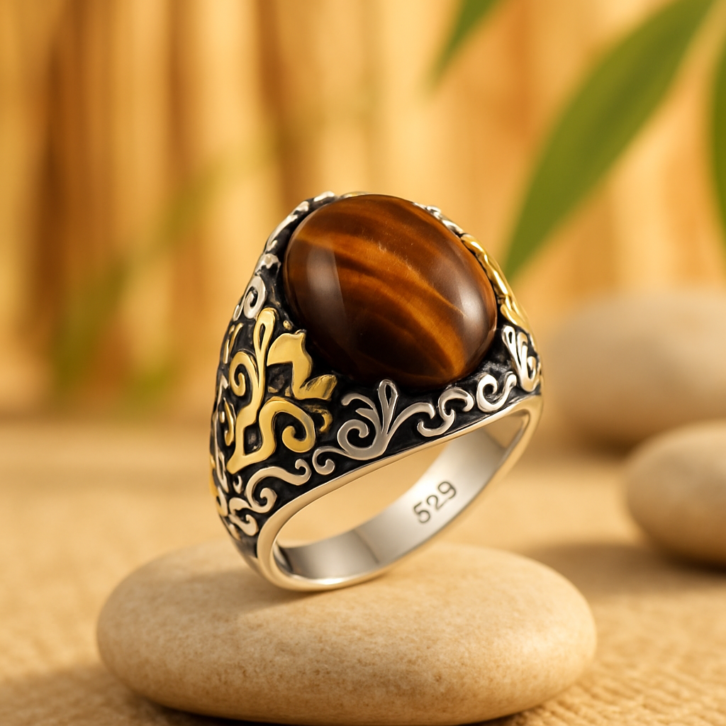 Bague homme argent oeil de tigre dans espace zen naturel