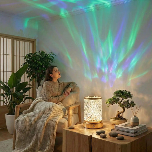 lampe aurore boréale LED cubique sur table de chevet jeune femme regardant aurores boréales projetées sur plafond espace zen