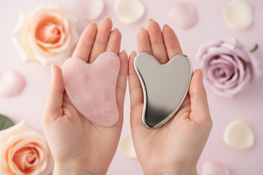 Deux gua sha différents — quartz rose et métal — pour choisir le bon outil selon sa peau