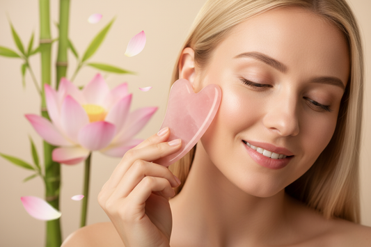 Femme blonde souriante utilisant un gua sha en quartz rose — avis dermatologues sur les bienfaits du massage facial