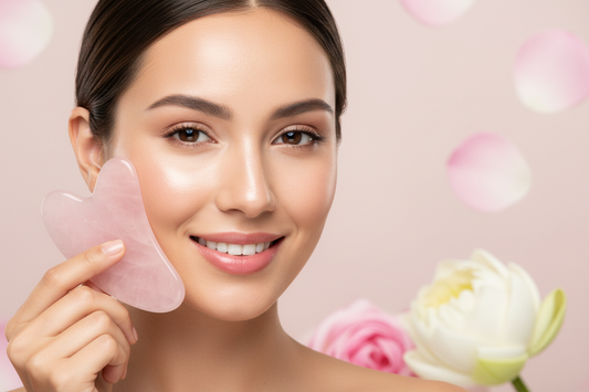 Femme au teint lumineux utilisant un gua sha en quartz rose — résultats visibles dès les premières séances