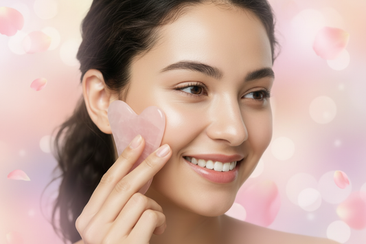 Femme souriante utilisant un gua sha en quartz rose sur le visage pour un effet sculptant et lumineux