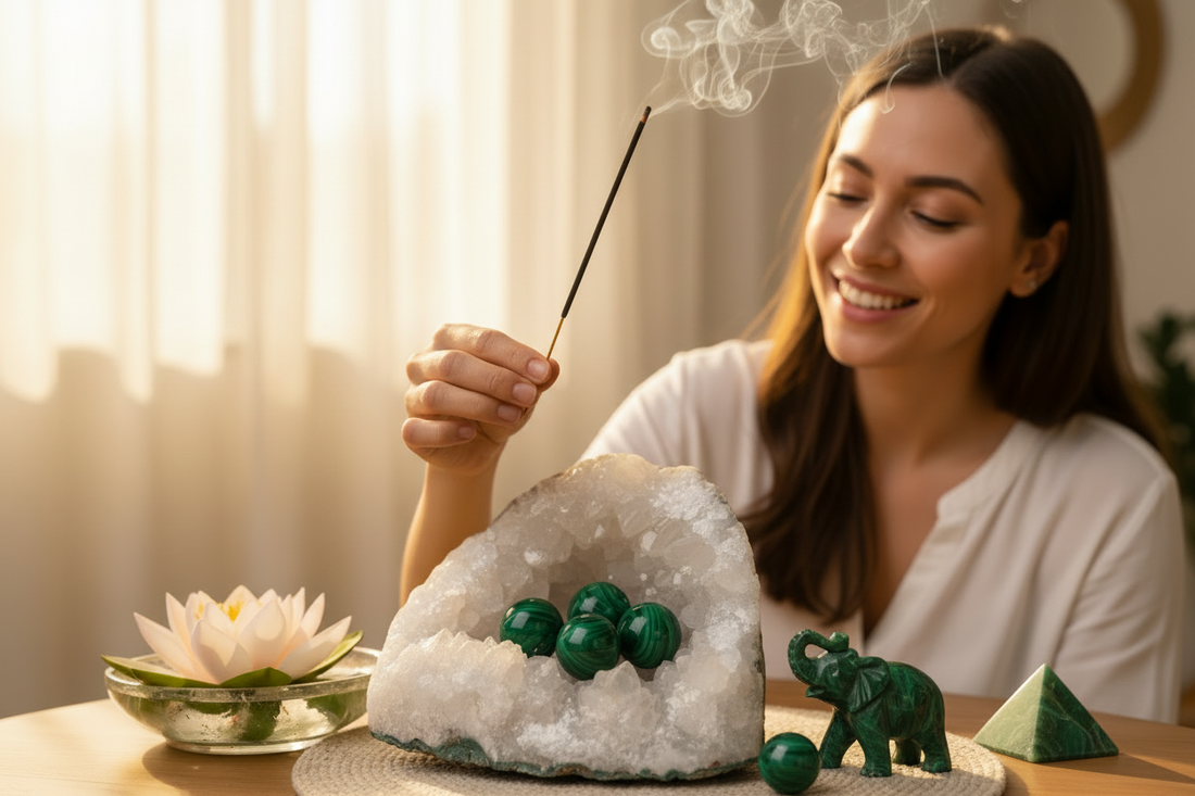 Femme souriant tenant un bâton d'encens pour purifier des pierres de malachite, pyramide et éléphant en malachite sur table zen ensoleillée