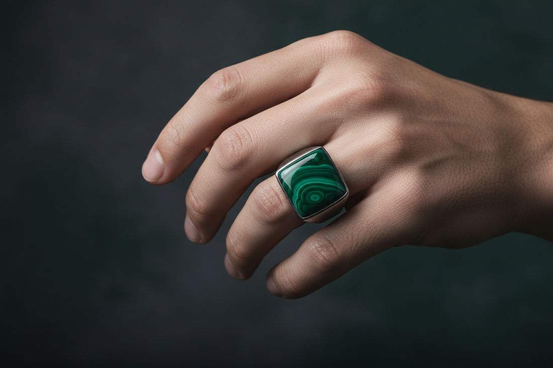 Homme portant une bague carrée malachite au majeur – bijou homme pierre naturelle
