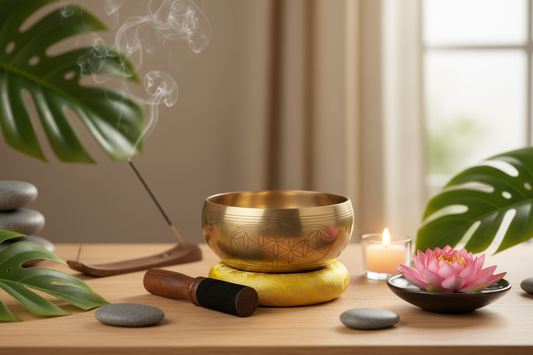 Bol tibétain doré gravé Fleur de Vie sur coussin jaune avec lotus rose – ambiance zen et bien-être