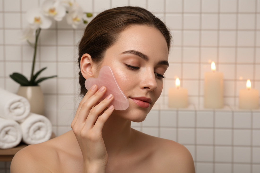 Femme utilisant un gua sha en quartz rose sur son visage dans un spa luxueux